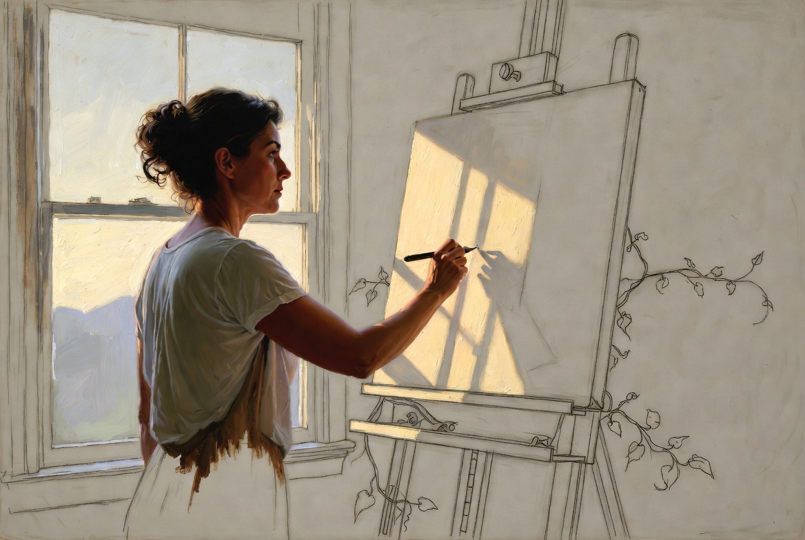 Norman Rockwell mixed-media. A woman in her forties at a studio easel, oil-painted in rich realism. The canvas she's...