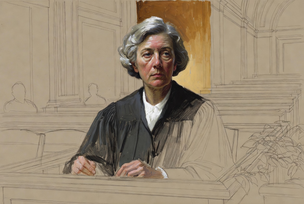 Norman Rockwell mixed-media. A judge in her sixties, oil-painted with dignified realism, sitting at a bench and looking...