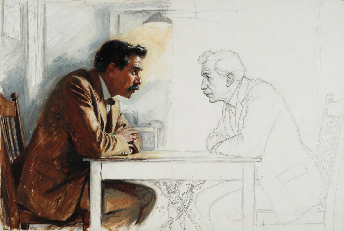 Norman Rockwell mixed-media. Two figures seated across a table, one oil-painted in full realism, one rendered only in...