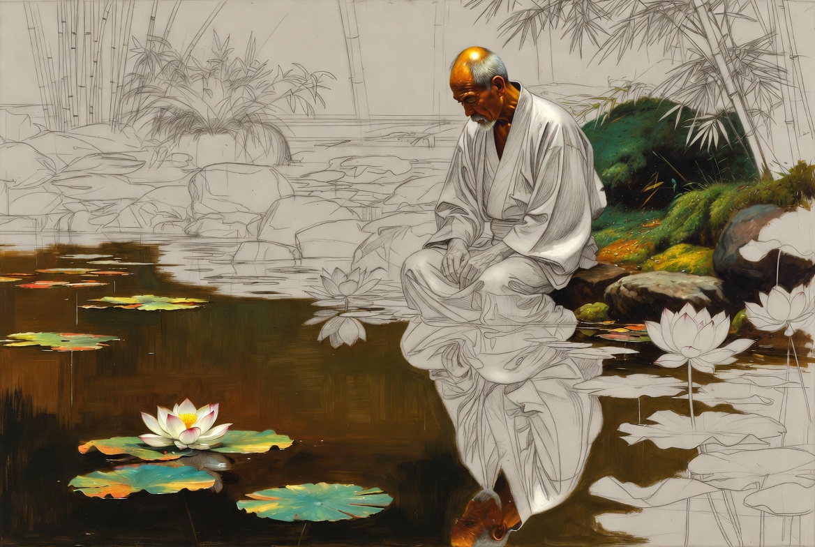 Norman Rockwell mixed-media portrait of contemplative Japanese man in quiet realism style