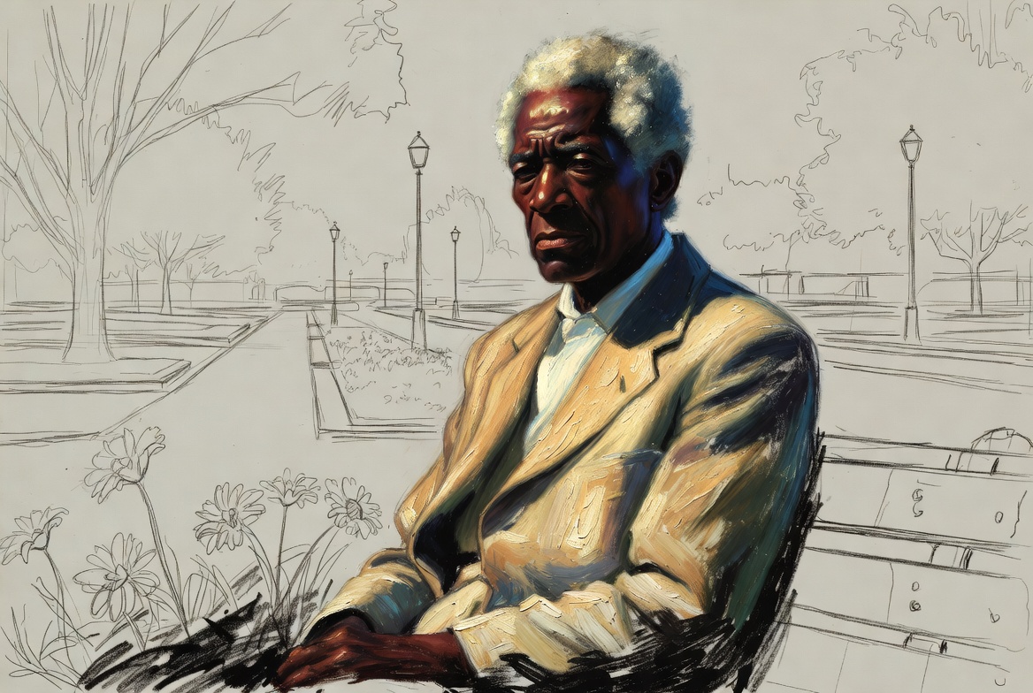 Norman Rockwell mixed-media portrait of elderly man sitting on park bench
