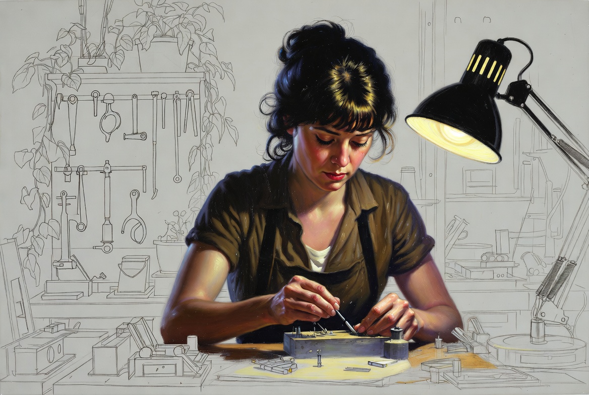Norman Rockwell mixed-media. A woman at a workbench covered in prototypes and sketches, oil-painted with absorbed...