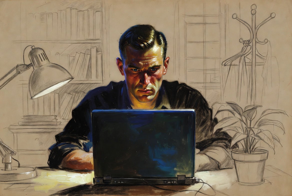 Norman Rockwell mixed-media. A man in his thirties sitting alone at a desk in low lamplight, oil-painted in intimate...