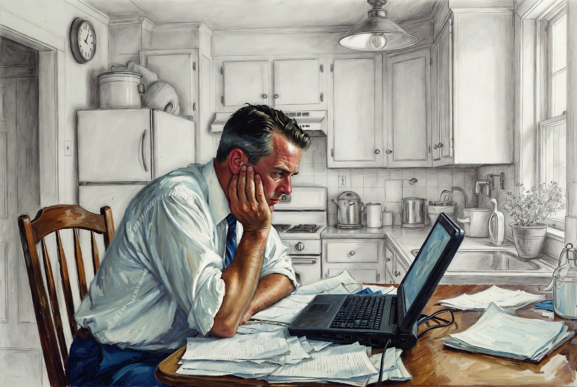 Norman Rockwell mixed-media illustration of a man in his forties managing personal finances at a kitchen table with papers and laptop
