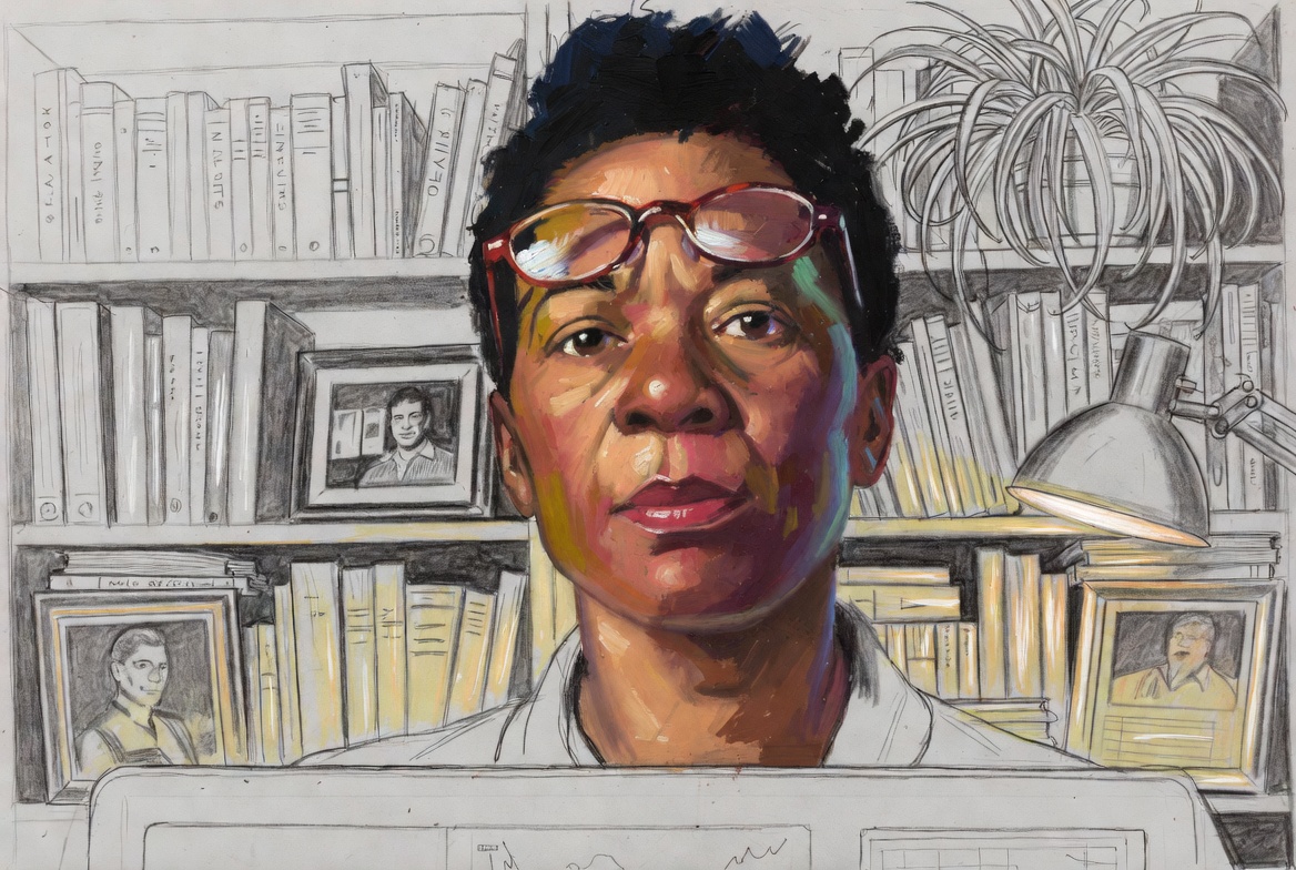 Norman Rockwell mixed-media illustration of a woman in her fifties engaged in investment analysis