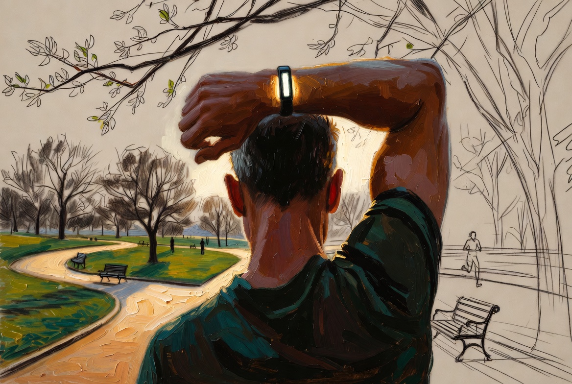 Norman Rockwell mixed-media illustration of a man in his forties stretching and exercising in a morning park