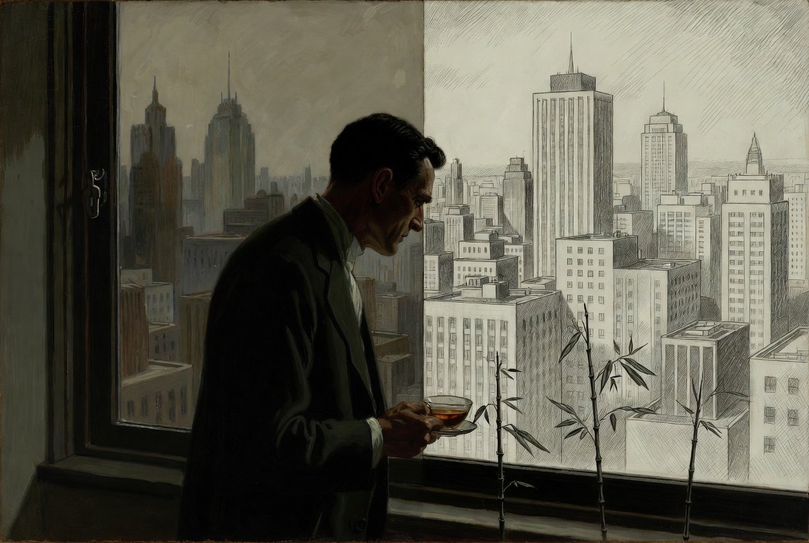 Norman Rockwell mixed-media illustration of a man in a high-rise office contemplating geopolitical implications