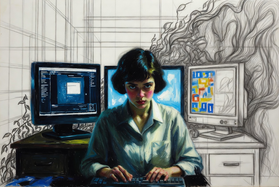 Norman Rockwell mixed-media illustration of a young woman working with multiple digital interfaces and data systems