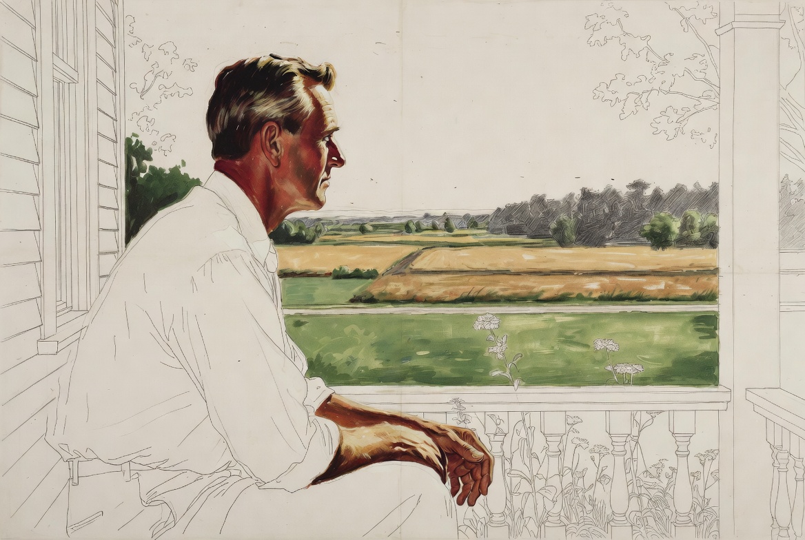Norman Rockwell mixed-media. A man in his fifties, oil-painted in contemplative realism, sitting on a porch with empty time ahead
