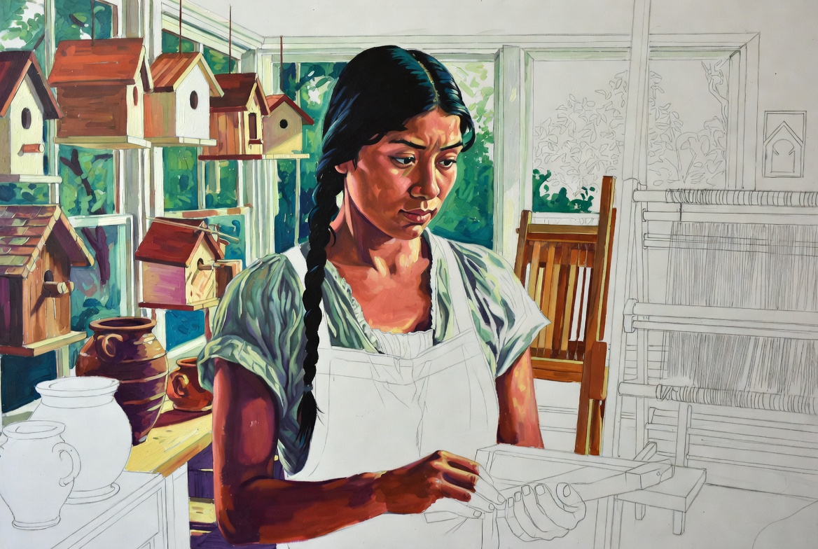 Norman Rockwell mixed-media. A young woman, Indigenous with warm reddish-brown skin, oil-painted, standing in thoughtful contemplation