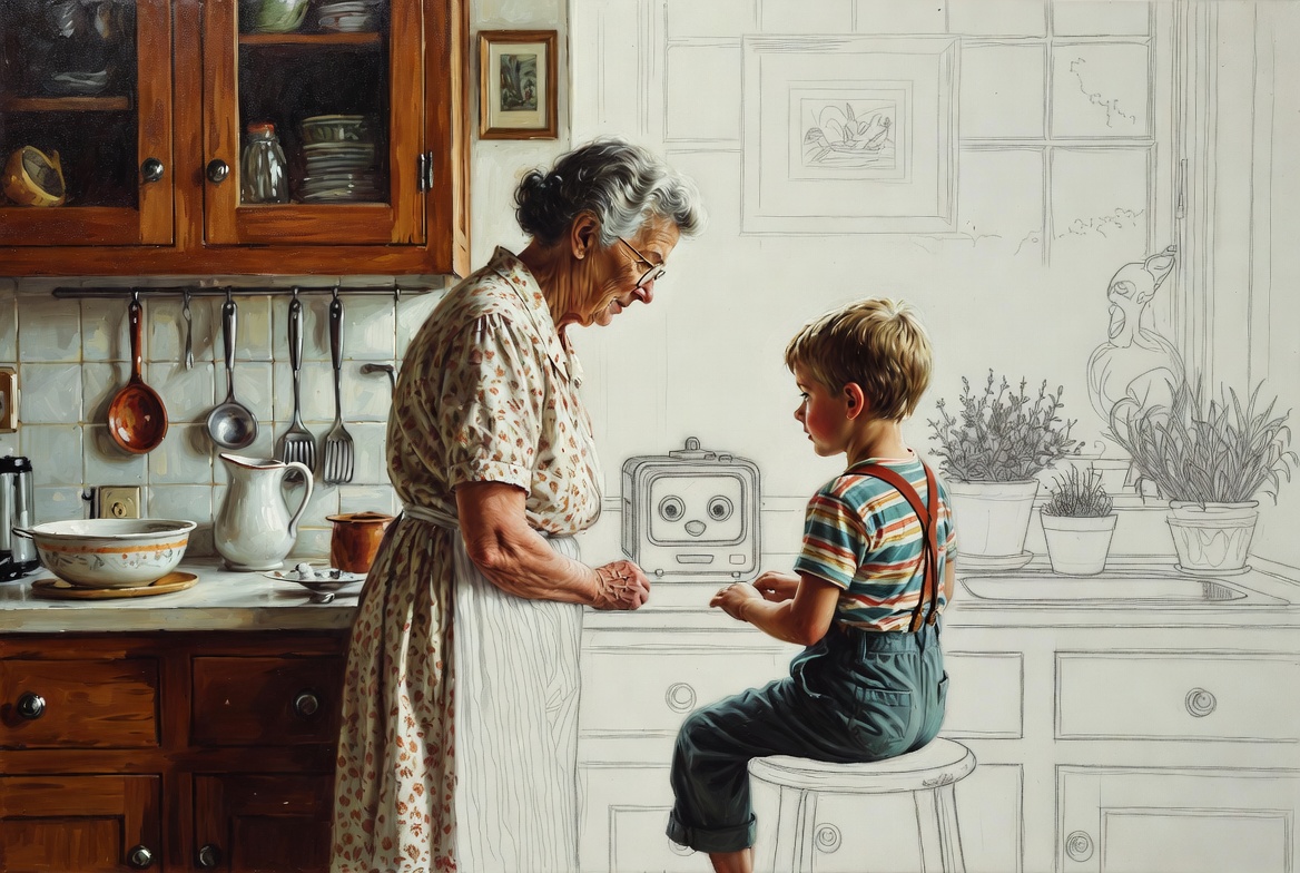 Norman Rockwell mixed-media. A grandmother and grandson together at a kitchen counter, oil-painted in cozy realism