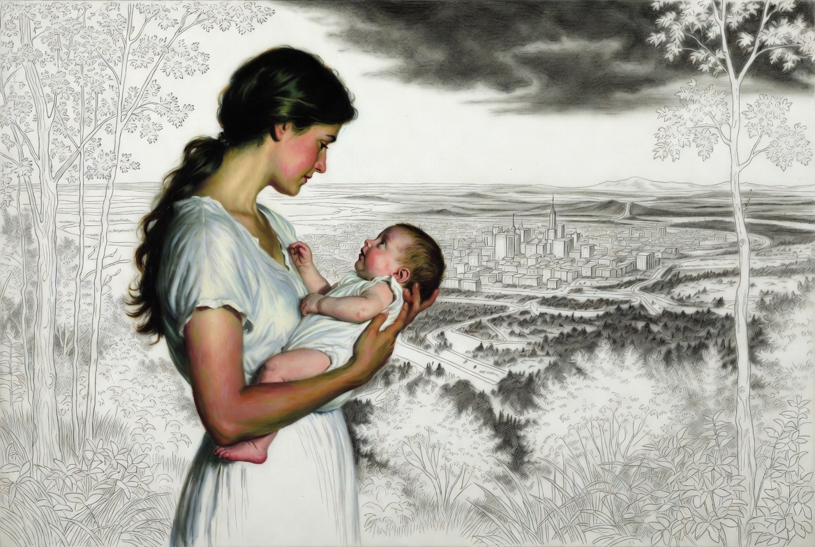 Norman Rockwell mixed-media. A mother holding her infant, oil-painted in luminous realism, standing at the edge of a new world