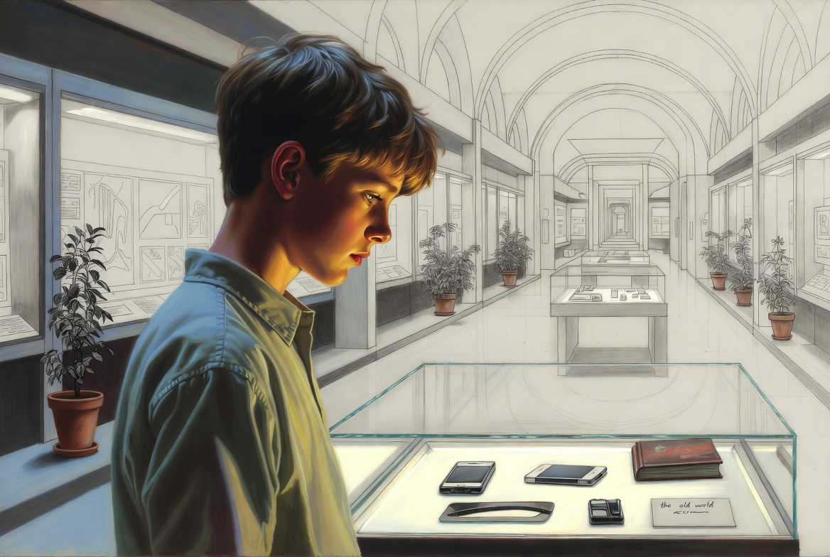 Norman Rockwell mixed-media. A teenager standing in a museum, oil-painted, looking at a display from the past